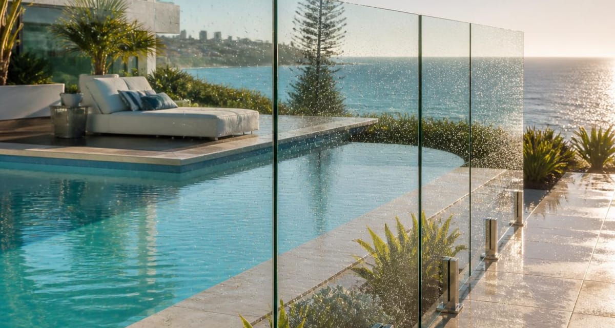 Frameless glass pool fencing restored by ShoreMate, overlooking the Perth coast