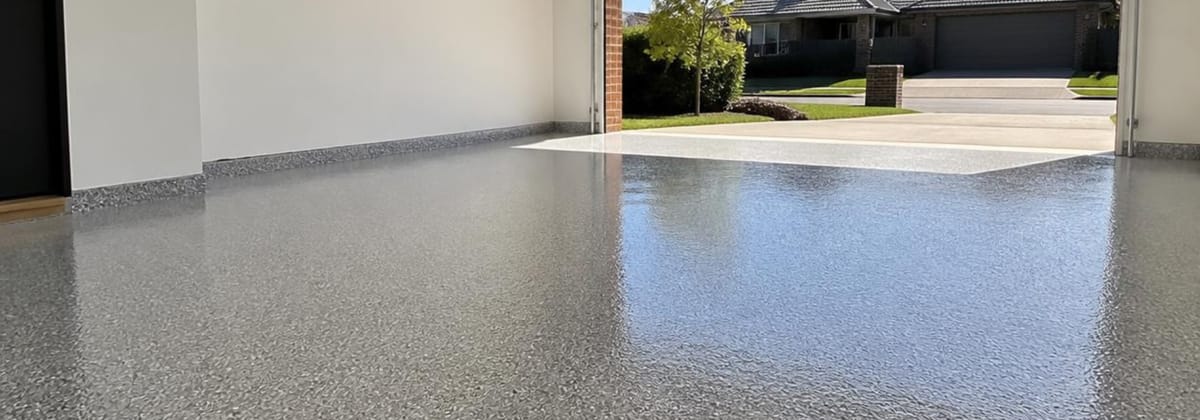 Glossy grey flake epoxy garage floor finished by ShoreMate